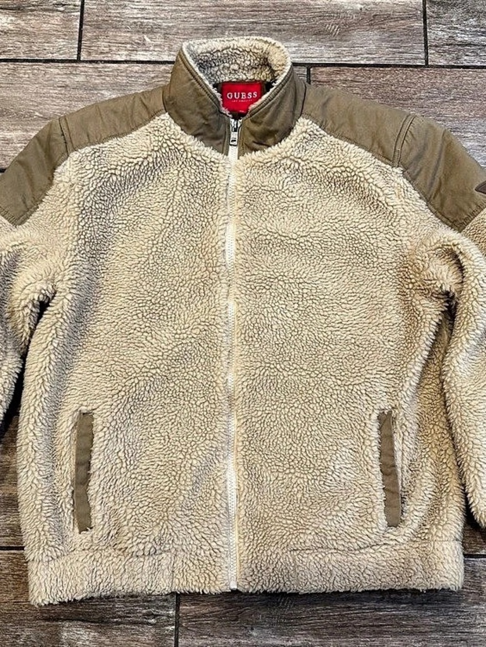 GUESS Sherpa Fleece Full-Zip Jacket Coat Brown XXL Excellent Condition